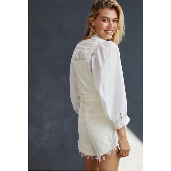 NEW Anthropologie Pilcro Ivory Frayed Denim Dungarees Overalls Shortalls Size 26 - Picture 3 of 4
